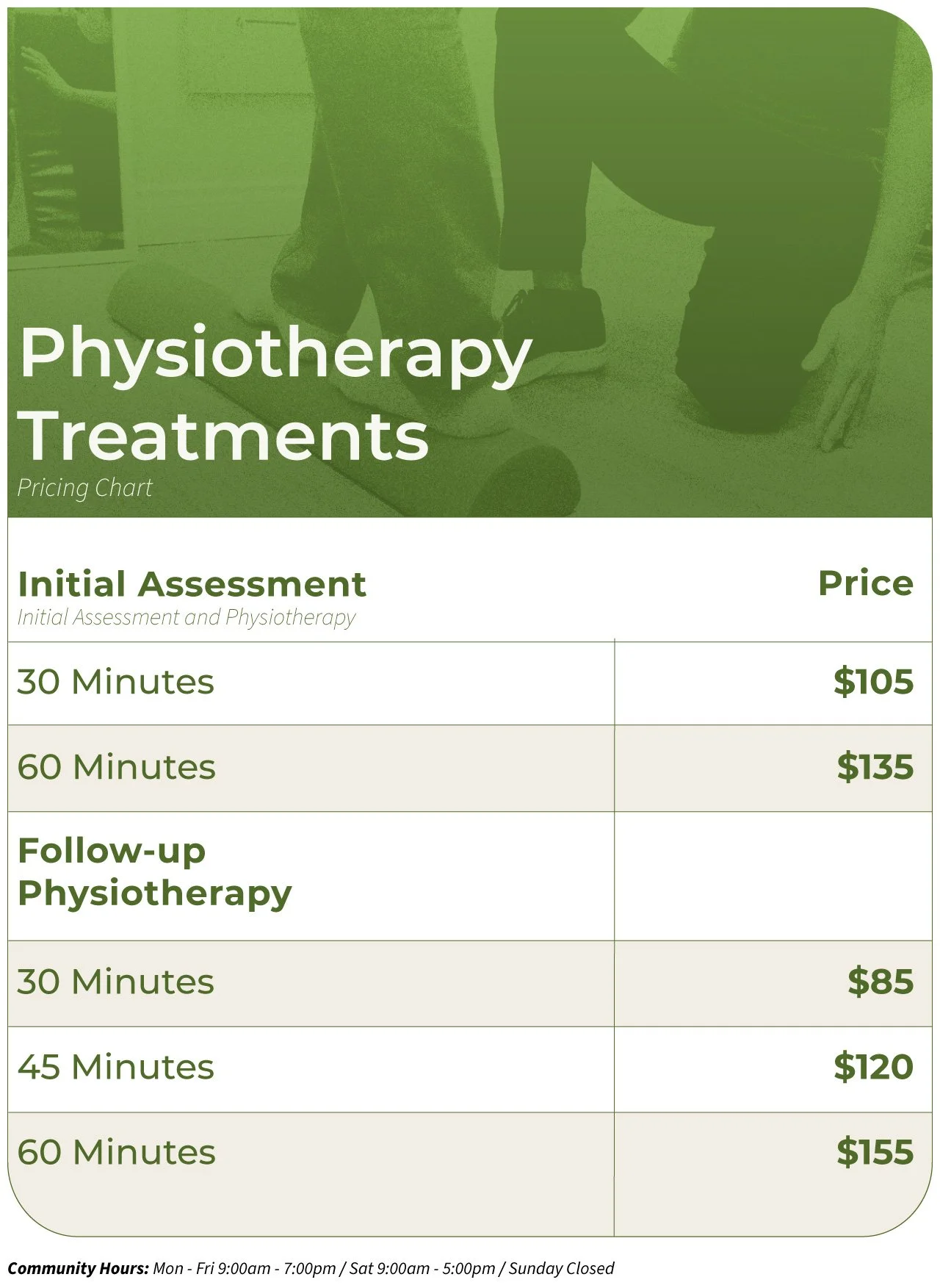 Pricing chart for physiotherapy treatments showing initial assessment and follow-up therapy options with durations and prices, set against a background of a person demonstrating physiotherapy exercises.