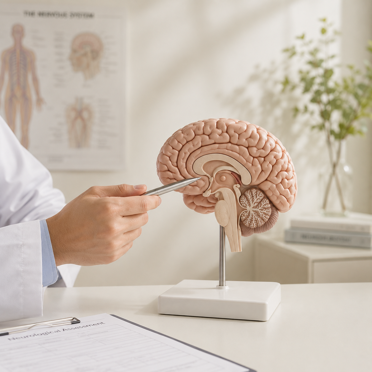 Brain stroke illustration showing localized area of neural damage and disrupted brain activity in a human brain