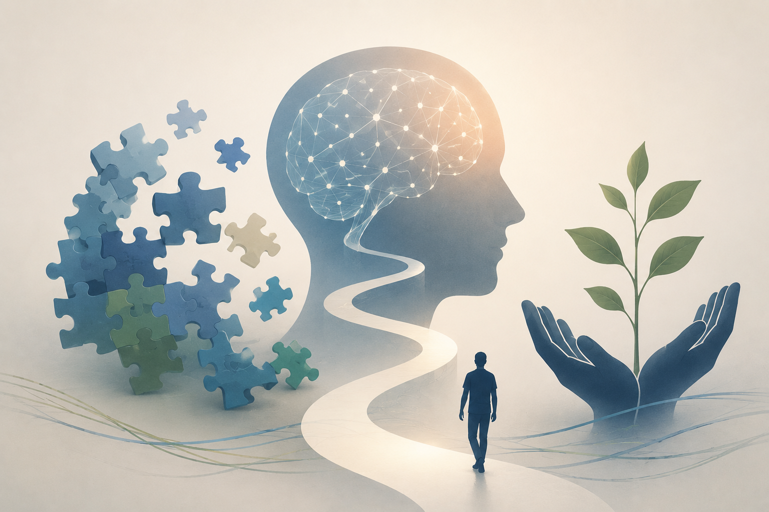 Neurological rehabilitation illustration showing brain health, brain recovery, cognitive function, and integrative treatment for complex neurological conditions.
