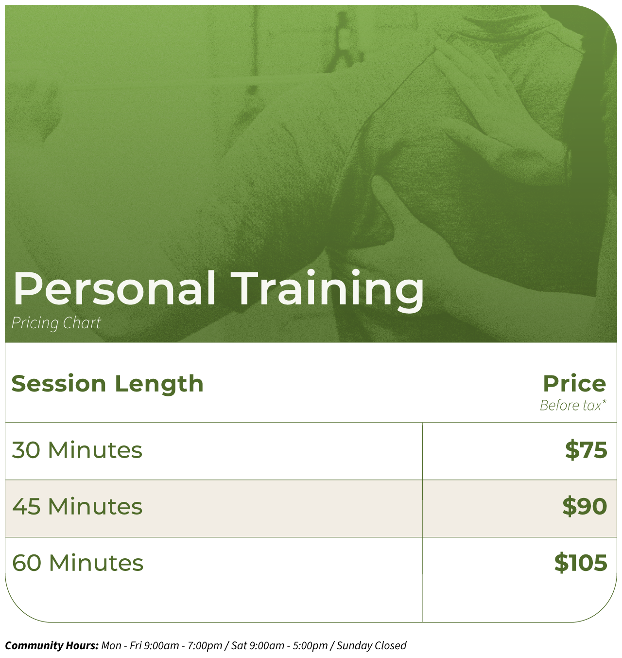 Pricing chart for personal training sessions showing a 45-minute session priced at $90.