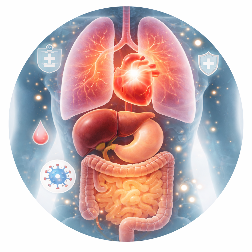 Illustration of human internal organs including lungs, heart, liver, stomach, and intestines, with medical and virus symbols surrounding them.