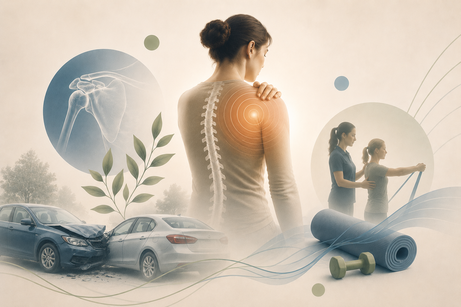 Holistic orthopedic rehabilitation illustration showing shoulder pain, spinal health, physiotherapy, and motor vehicle accident recovery for pain management and mobility restoration.