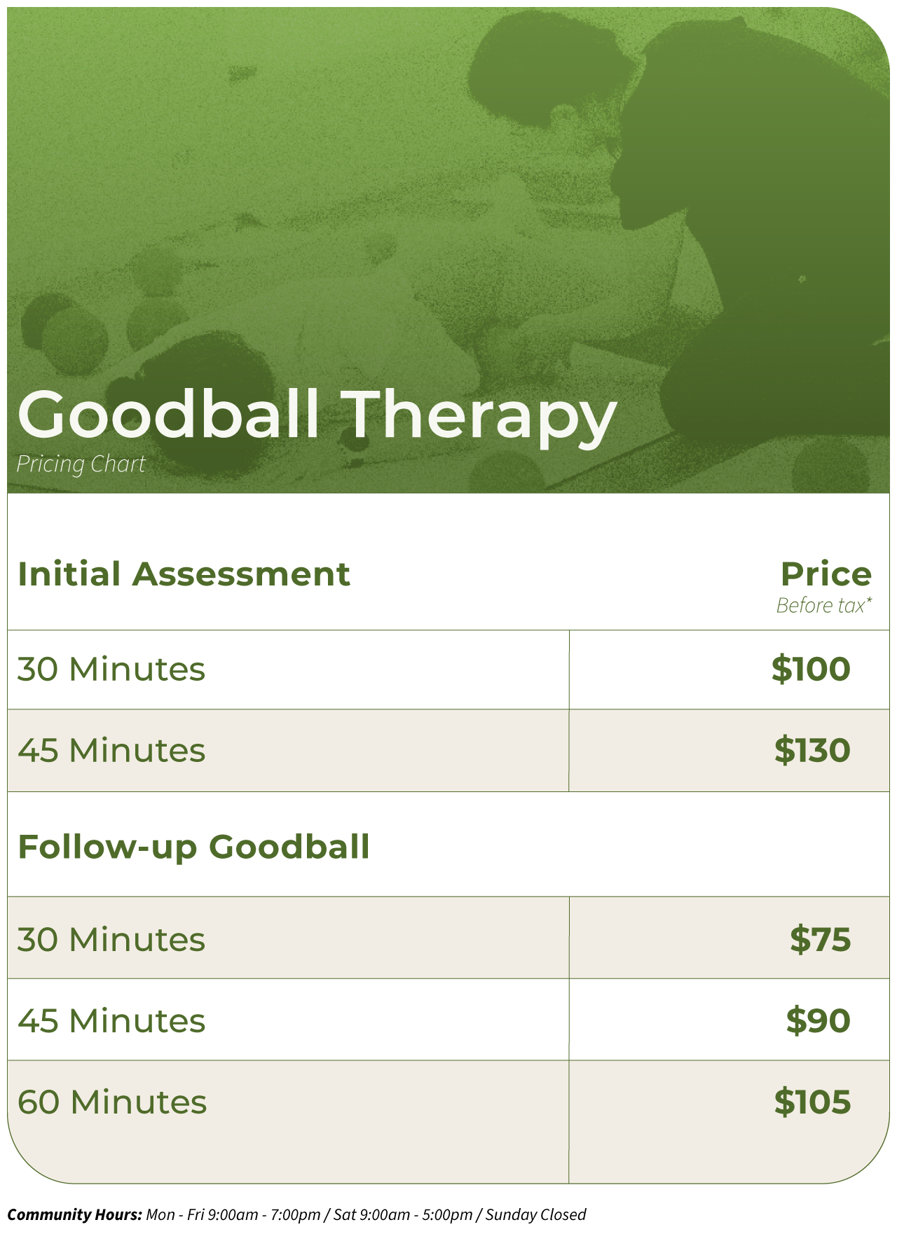 A pricing chart for goodball therapy sessions, showing durations and costs. 45-minute session costs $130, 30-minute session costs $75, 60-minute session costs $105.