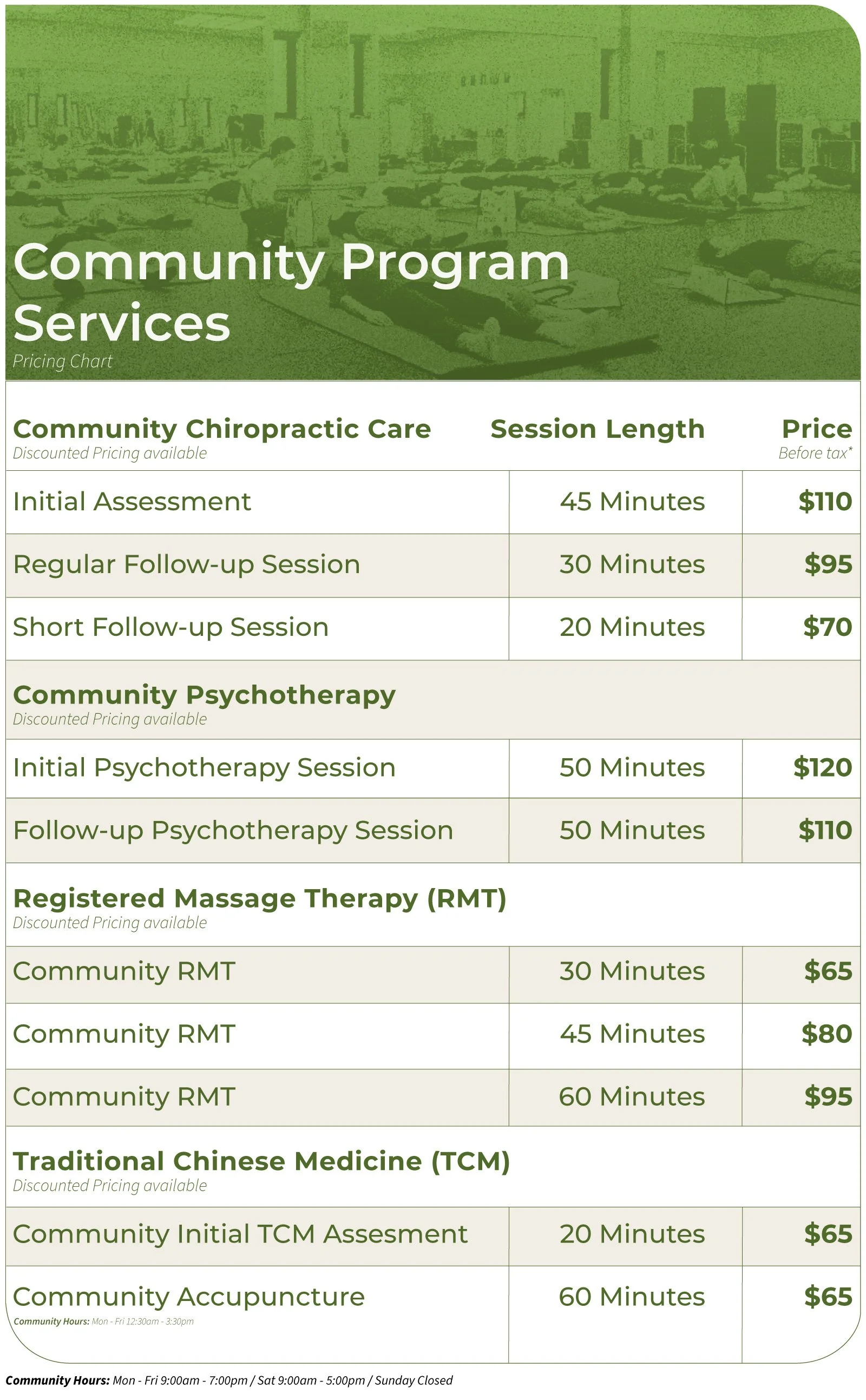 Pricing chart for community program services including chiropractic care, psychotherapy, massage therapy, and traditional Chinese medicine with session lengths and prices.