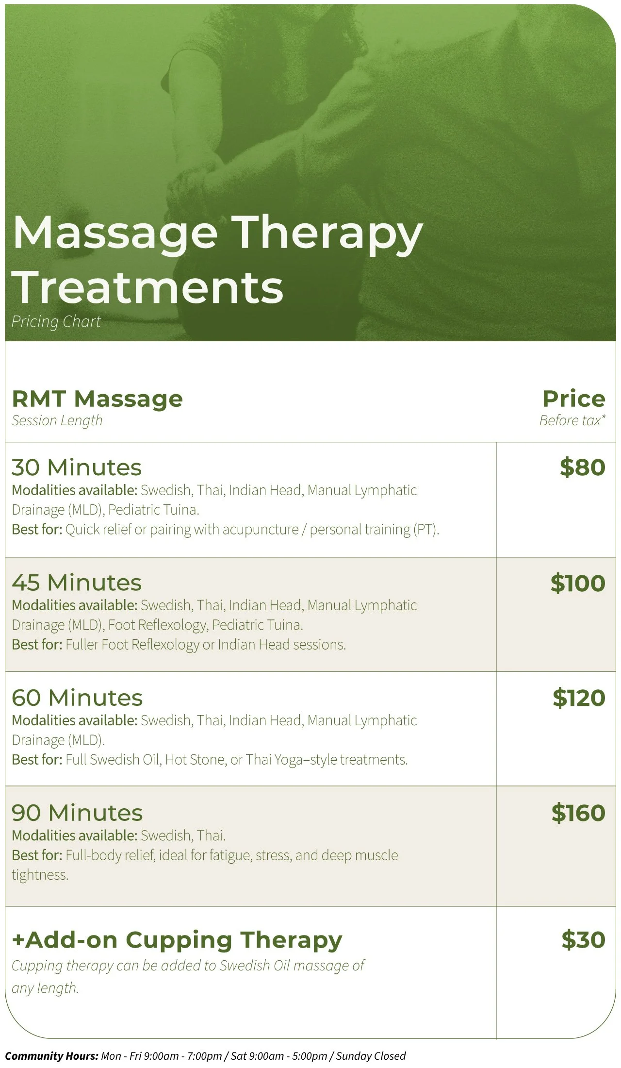 A pricing menu for massage therapy treatments with various session lengths and prices, including options for Swedish, Thai, Indian Head, Manual Lymphatic Drainage, Pediatric Tuina, Foot Reflexology, and Thai Yoga treatments, as well as add-on Cupping Therapy.