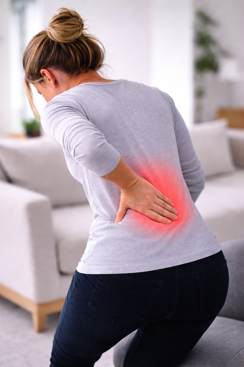 Woman clutching her lower back in pain, with a red highlighted area indicating back pain inside a bright living room.