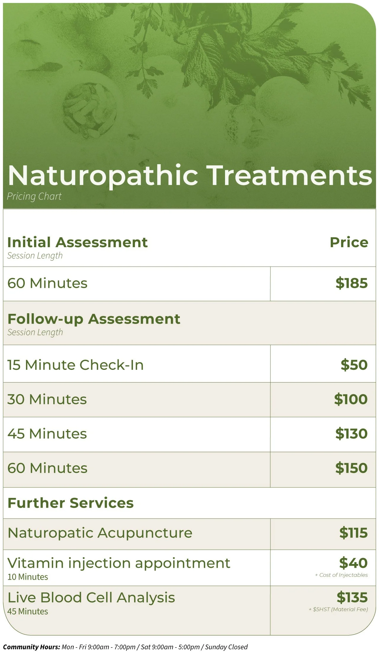 Pricing chart for naturopathic treatments, listing initial assessment, follow-up assessments, and further services with their durations and prices.