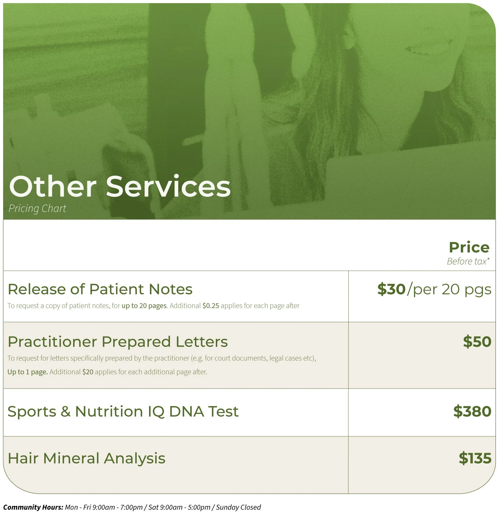 Pricing chart for various medical and health services including release of patient notes, practitioner prepared letters, sports and nutrition IQ DNA test, and hair mineral analysis, with specified prices.
