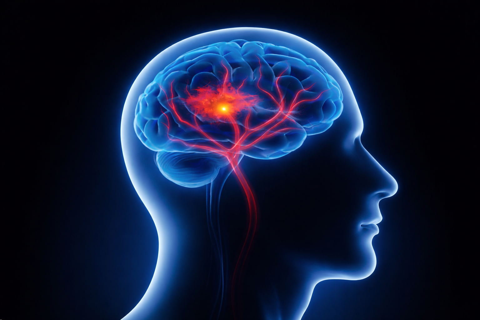 Brain stroke illustration showing localized area of neural damage and disrupted brain activity in a human brain