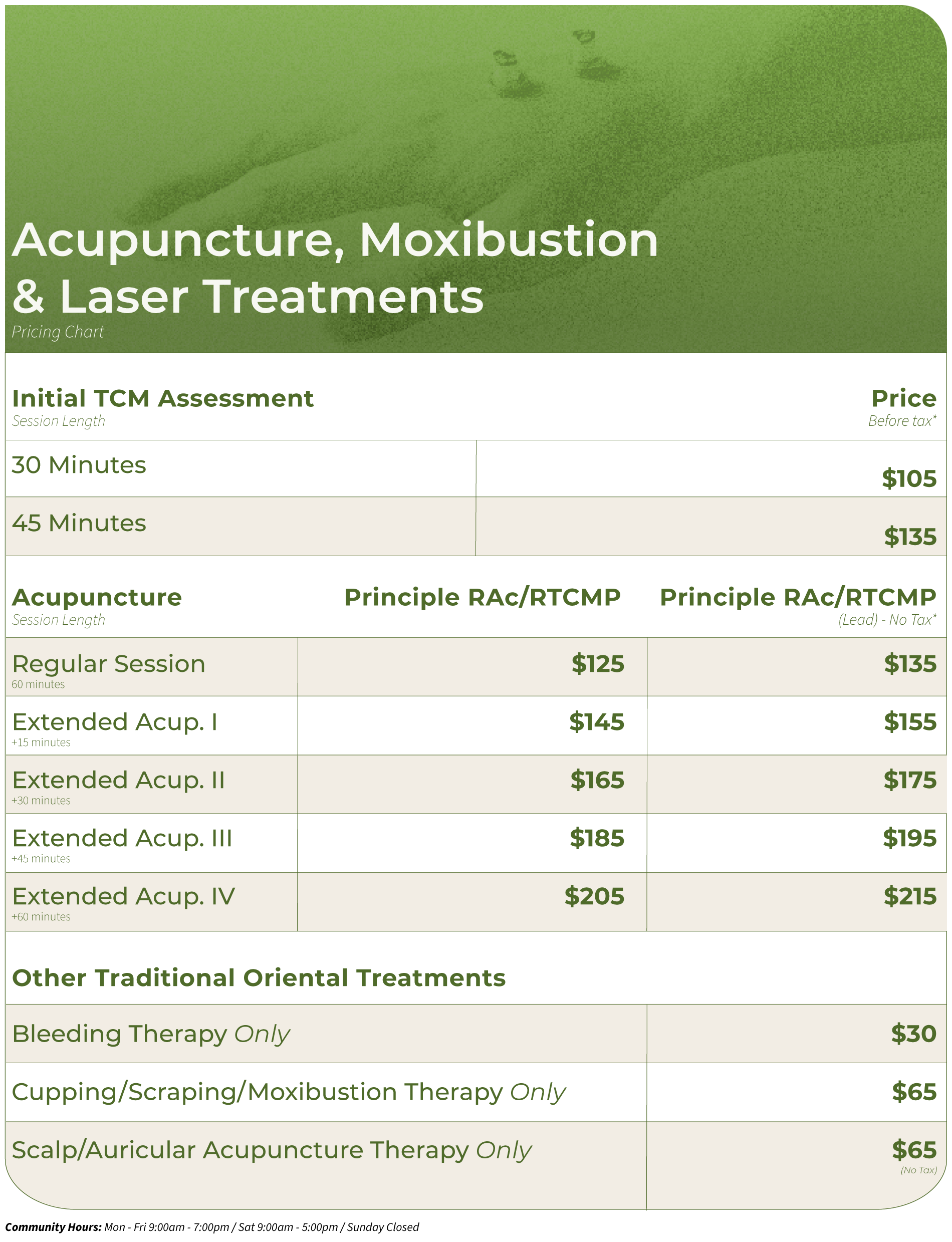 Pricing chart for acupuncture, moxibustion, and laser treatments with options for 45-minute, regular, extended, bleeding therapy, and scalp/auricular acupuncture therapy, including prices and durations.