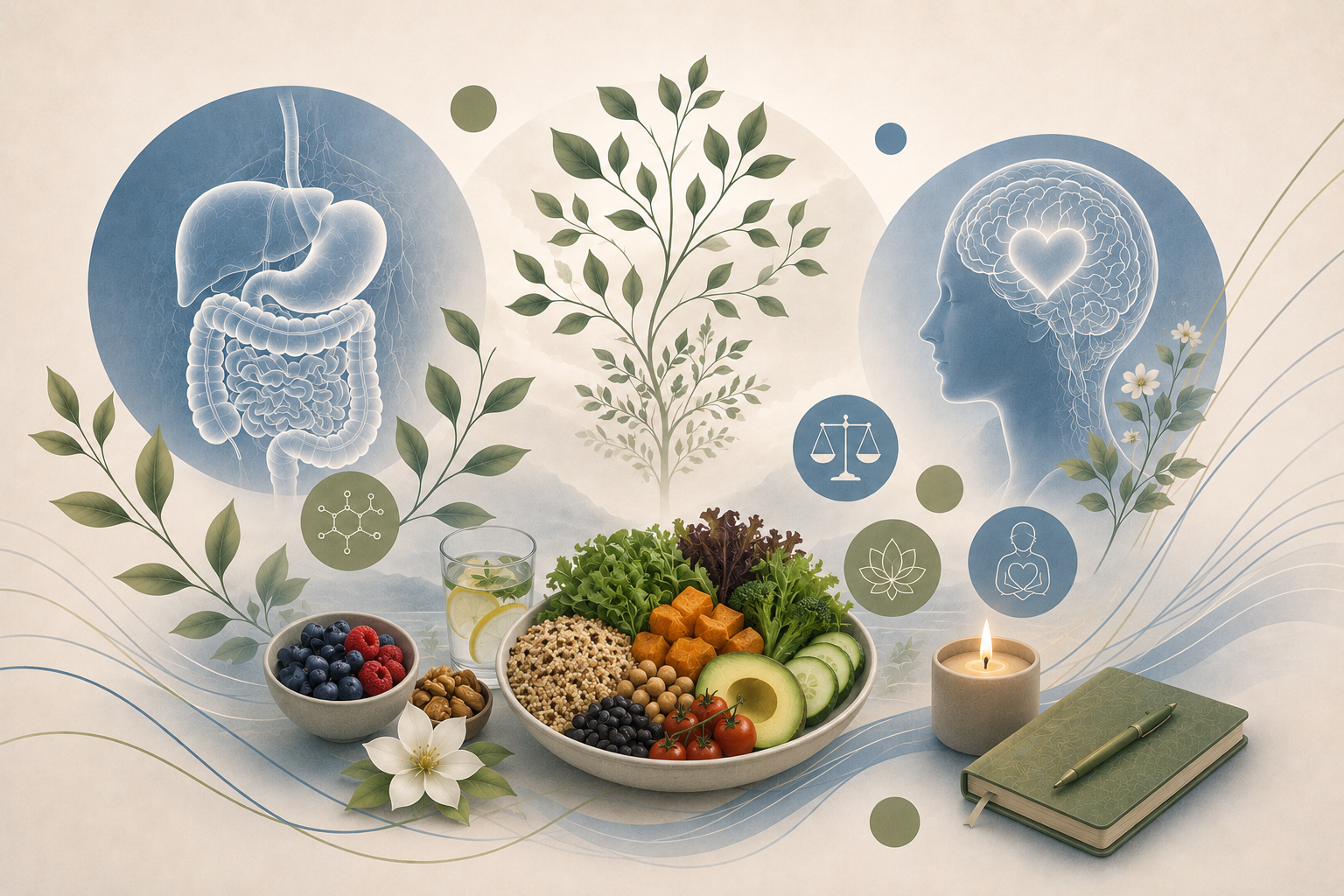Integrative health illustration featuring digestive wellness, emotional balance, hormonal regulation, mindfulness, and holistic care for overall well-being.