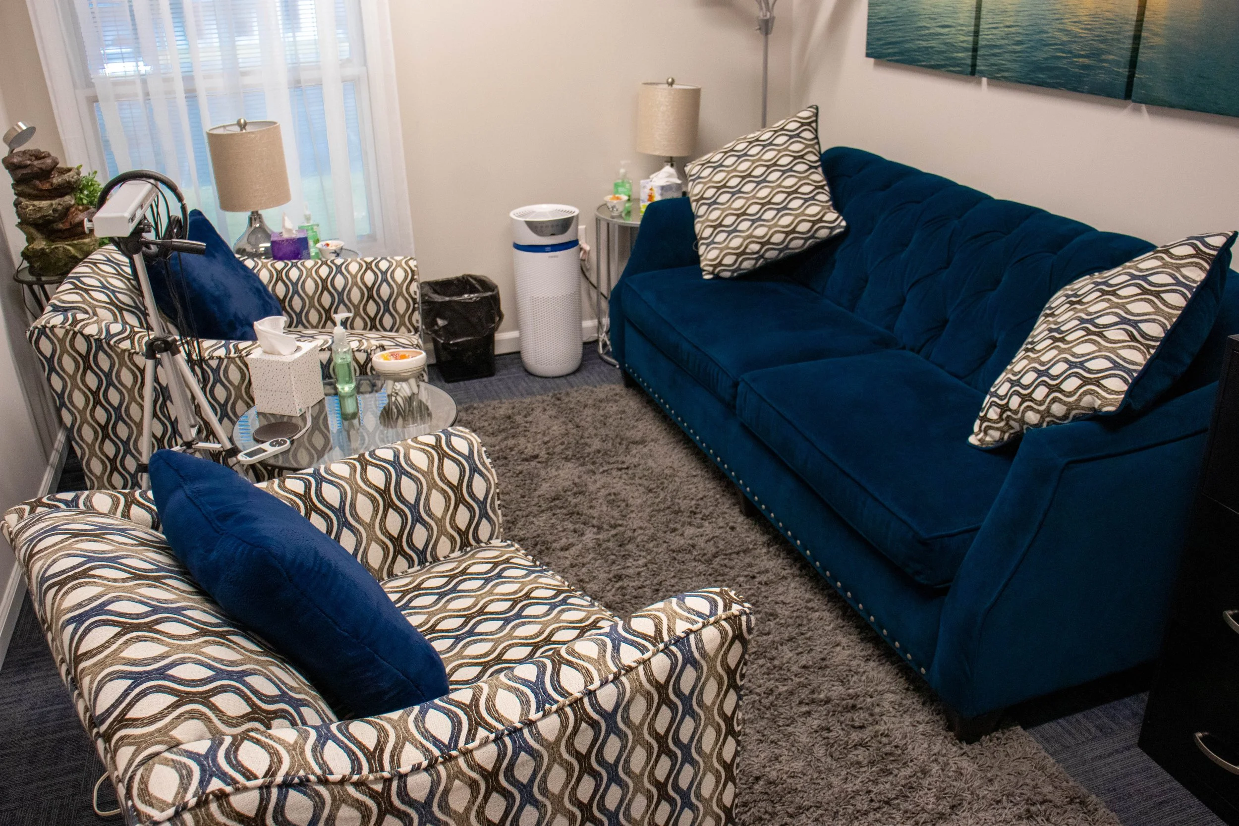 A living room with a blue velvet sofa and matching throw pillows, patterned armchairs with blue pillows, a glass coffee table with tissue box, remote, and hand sanitizer, a small side table with a lamp, a window with white curtains, and a carpeted floor.