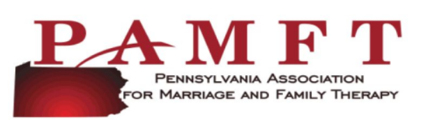 Logo of the Pennsylvania Association for Marriage and Family Therapy (PAMFT) featuring the state's outline in red