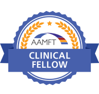A badge with the AAMFT logo, a star, and laurel wreath, reading 'Clinical Fellow' in blue text.