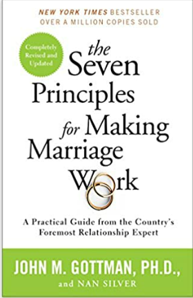 Book cover titled 'The Seven Principles for Making Marriage Work' by John M. Gottman, Ph.D., with two wedding rings overlapping.