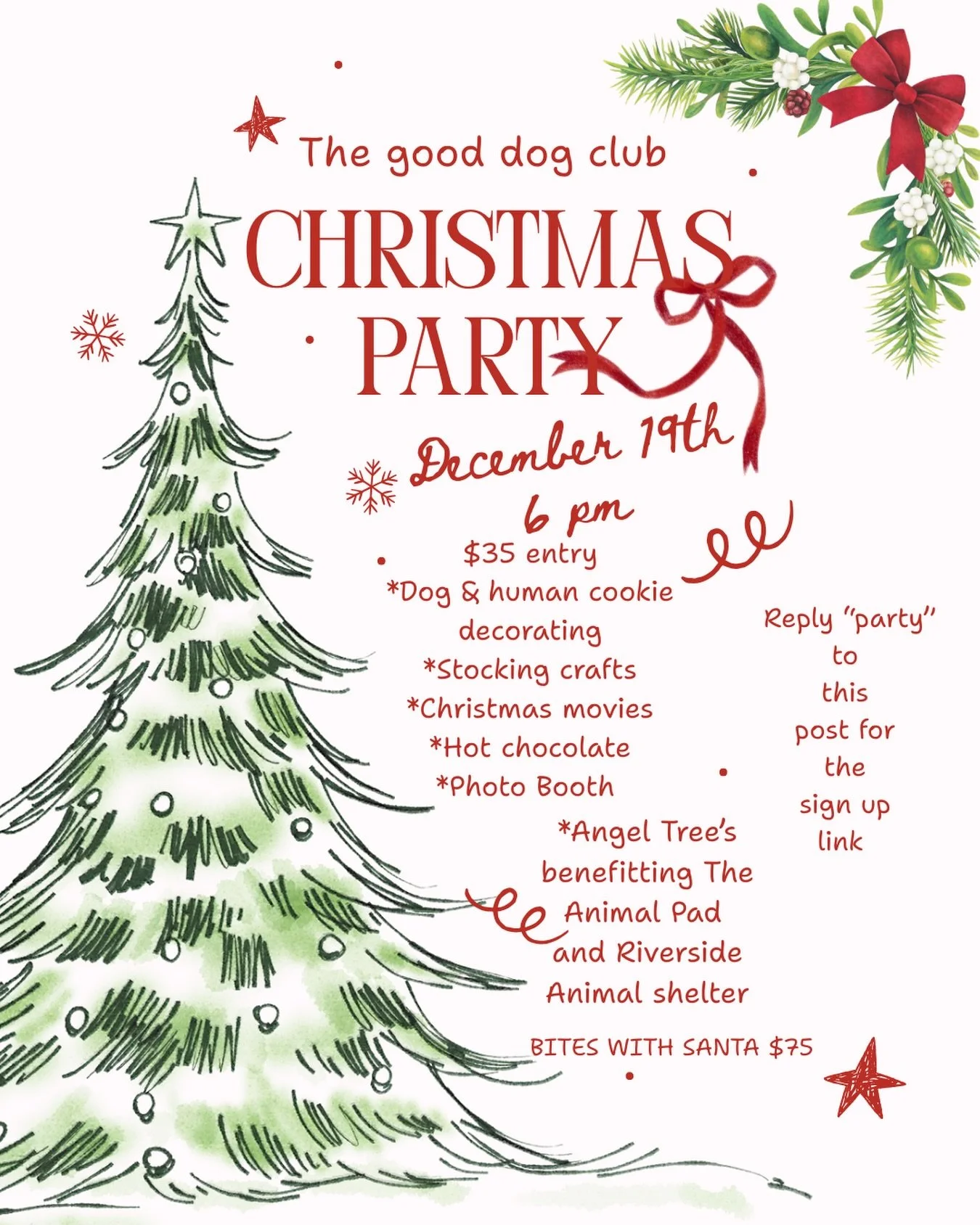 Join us for our first annual Christmas Party 🎄 There will be crafts, games and a chance for your pup to get on the naughty list biting Santa 🎅🏼Comment &ldquo;party&rdquo; below to be sent the link for sign up 🔗