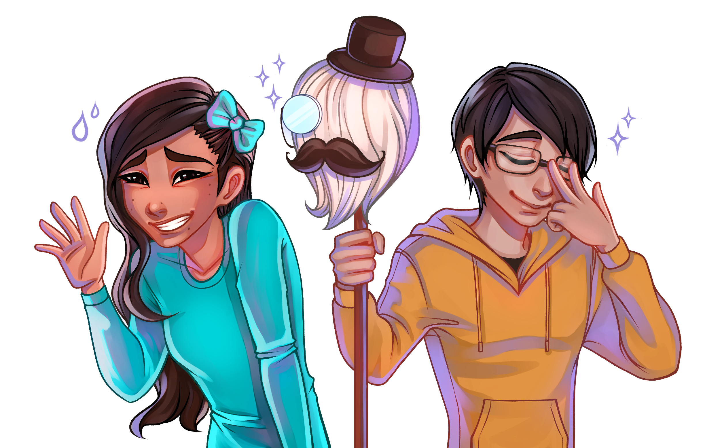 Digital drawing of a long haired girl with a teal bow, who is awkwardly waving hello as she stands next to a boy with glasses and a yellow hoodie, both smiling, as a mop with a fancy monocle, hat, and mustache is between them.