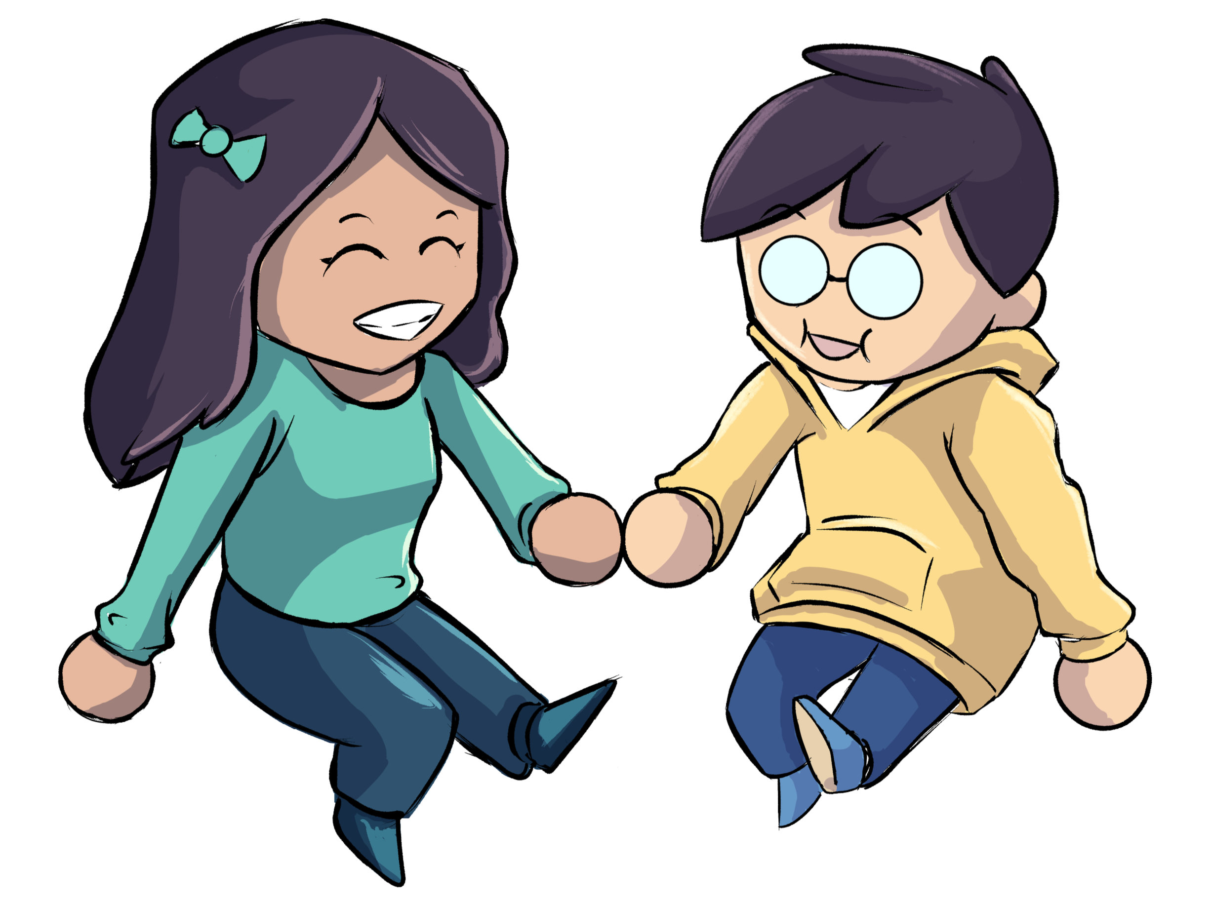 Cartoon illustration of a girl and boy holding hands, smiling, and sitting with their legs dangling.