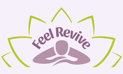 Logo with a lotus flower outline, the words 'Feel Revive' and an abstract figure of a person with outstretched arms in the center.