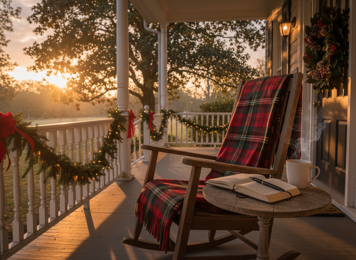 Cozy Southern porch at sunrise decorated for Christmas with a rocking chair, festive plaid blanket, steaming mug of tea, journal, holiday wreath, garland, and string lights—evoking peaceful holiday reflection, new beginnings, and Southern warmth.