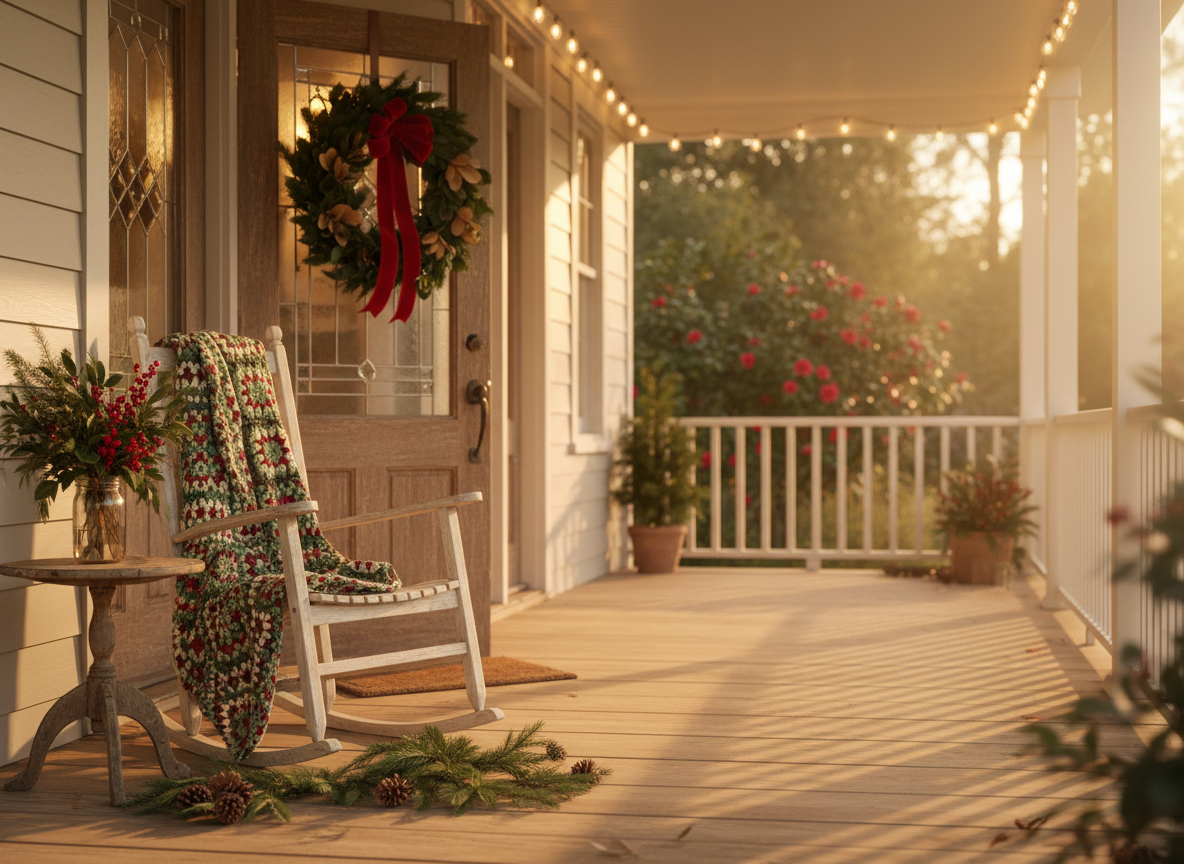 Front porch decorated for the holidays with a magnolia wreath, string lights, and a rocking chair.