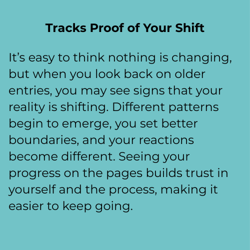 Text with title 'Tracks Proof of Your Shift' on a teal background discussing recognizing changes in patterns over time, gaining confidence through progress, and trusting oneself.