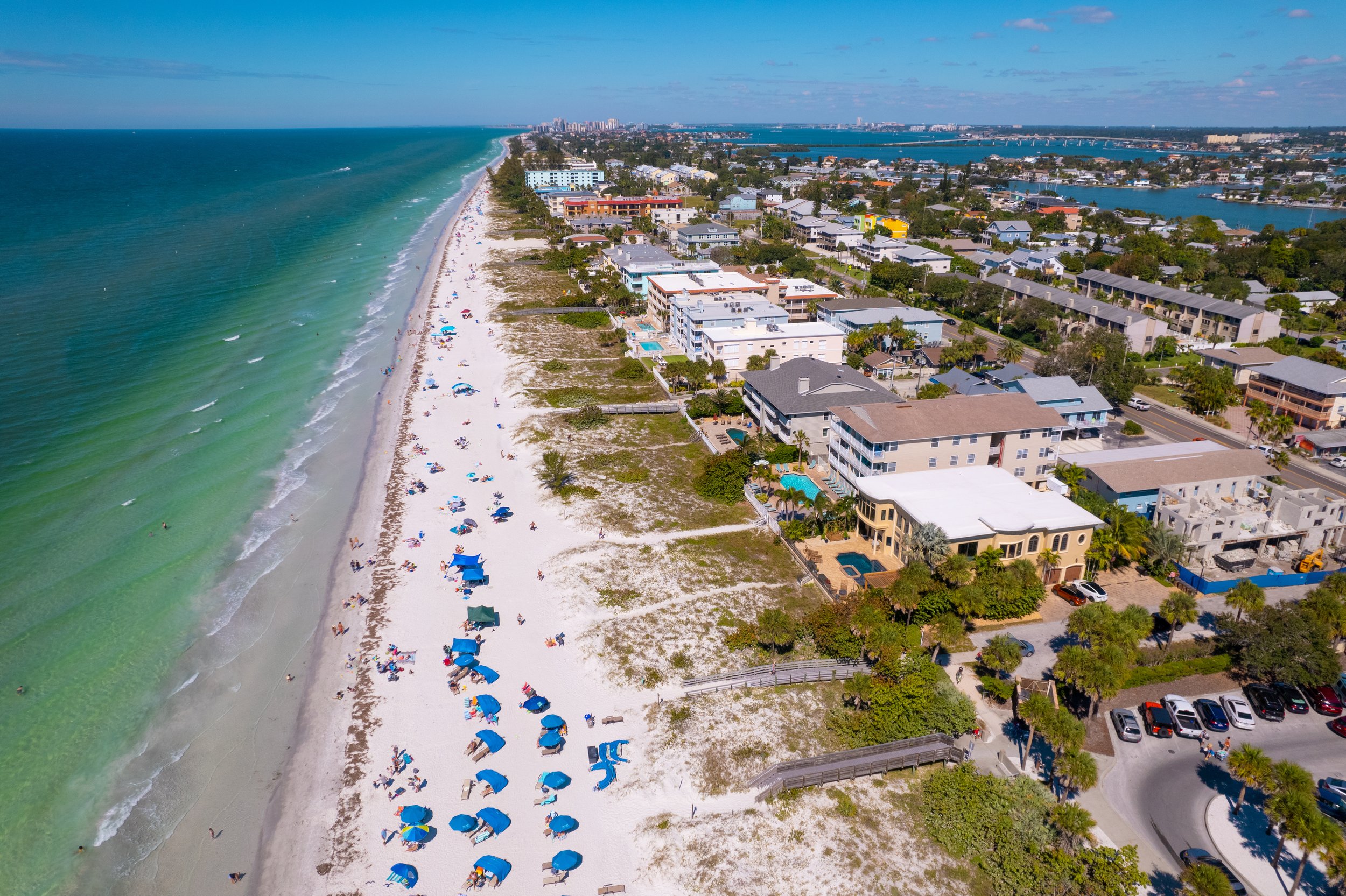 Aerial drone view of Indian Rocks Beach with Condo Del Mar visible