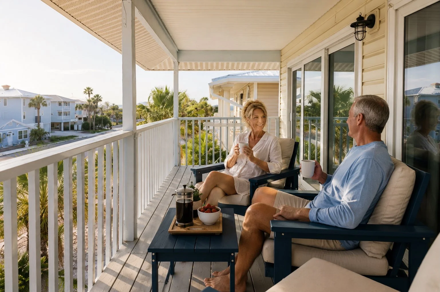 Couple enjoying morning coffee on a private Condo Del Mar balcony