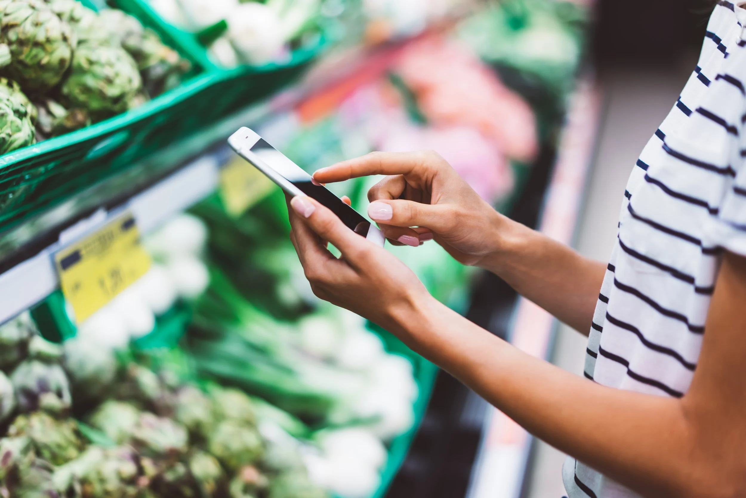 Guest using a smartphone while shopping for fresh groceries near Indian Rocks Beach, Florida