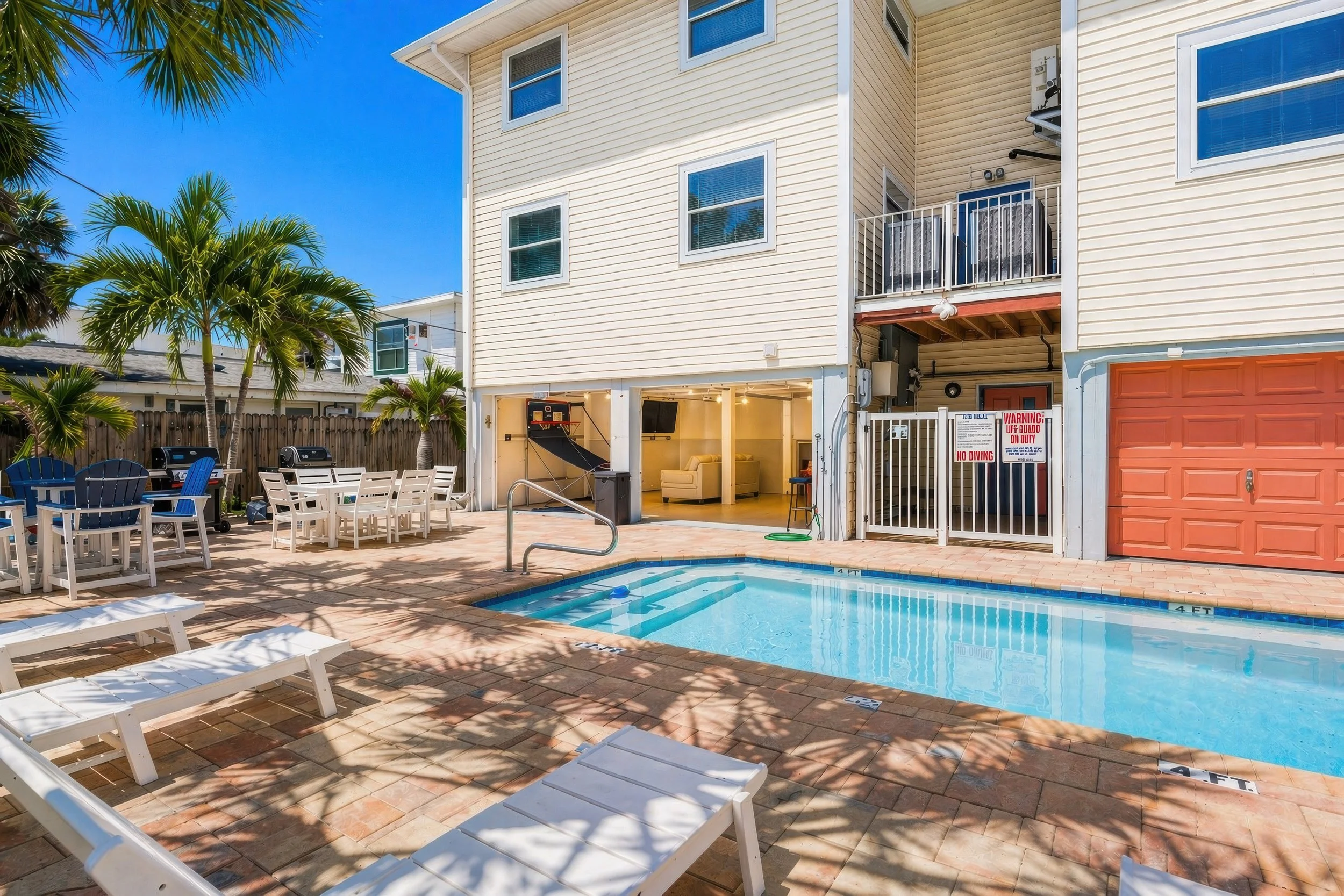 Pool deck and game room.