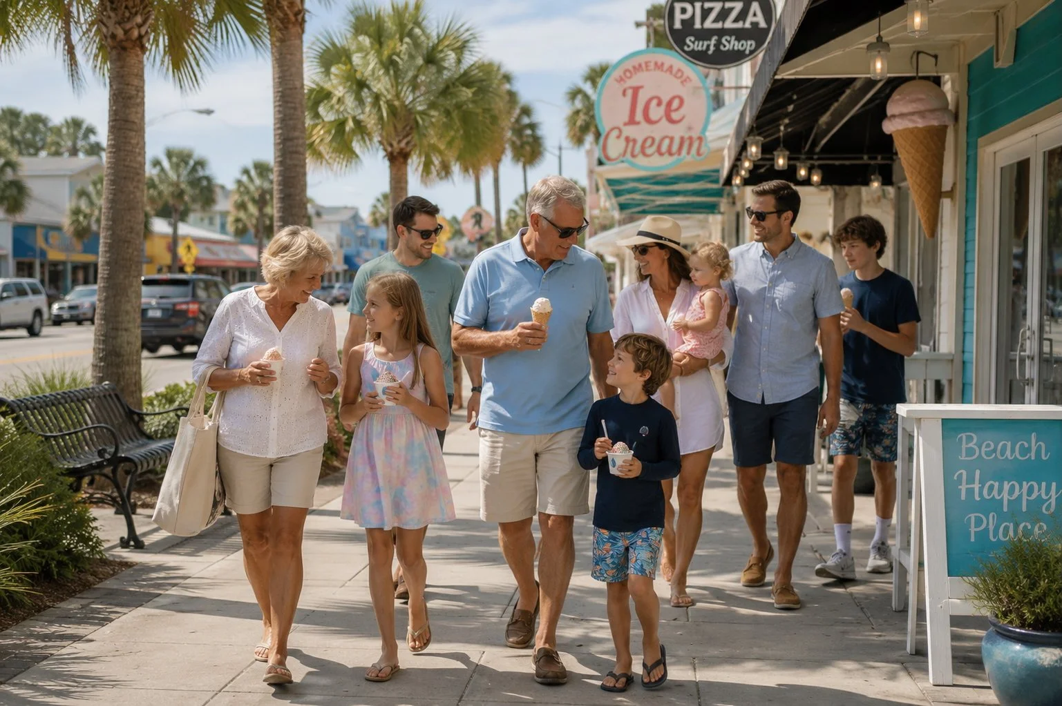 Family walking to a local ice cream shop in Indian Rocks Beach