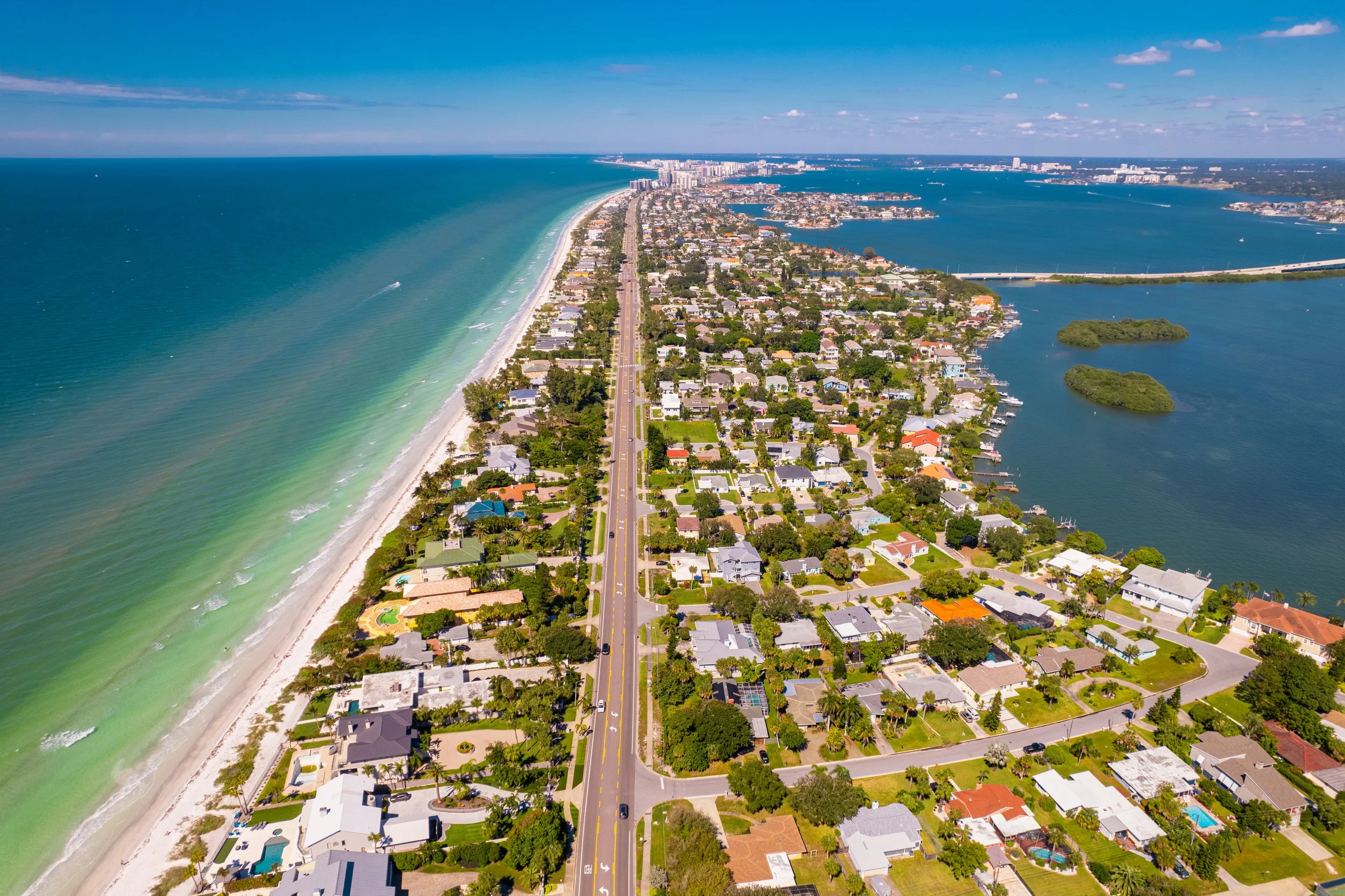 Aerial drone view of Indian Rocks Beach coastline along the Florida Gulf Coast