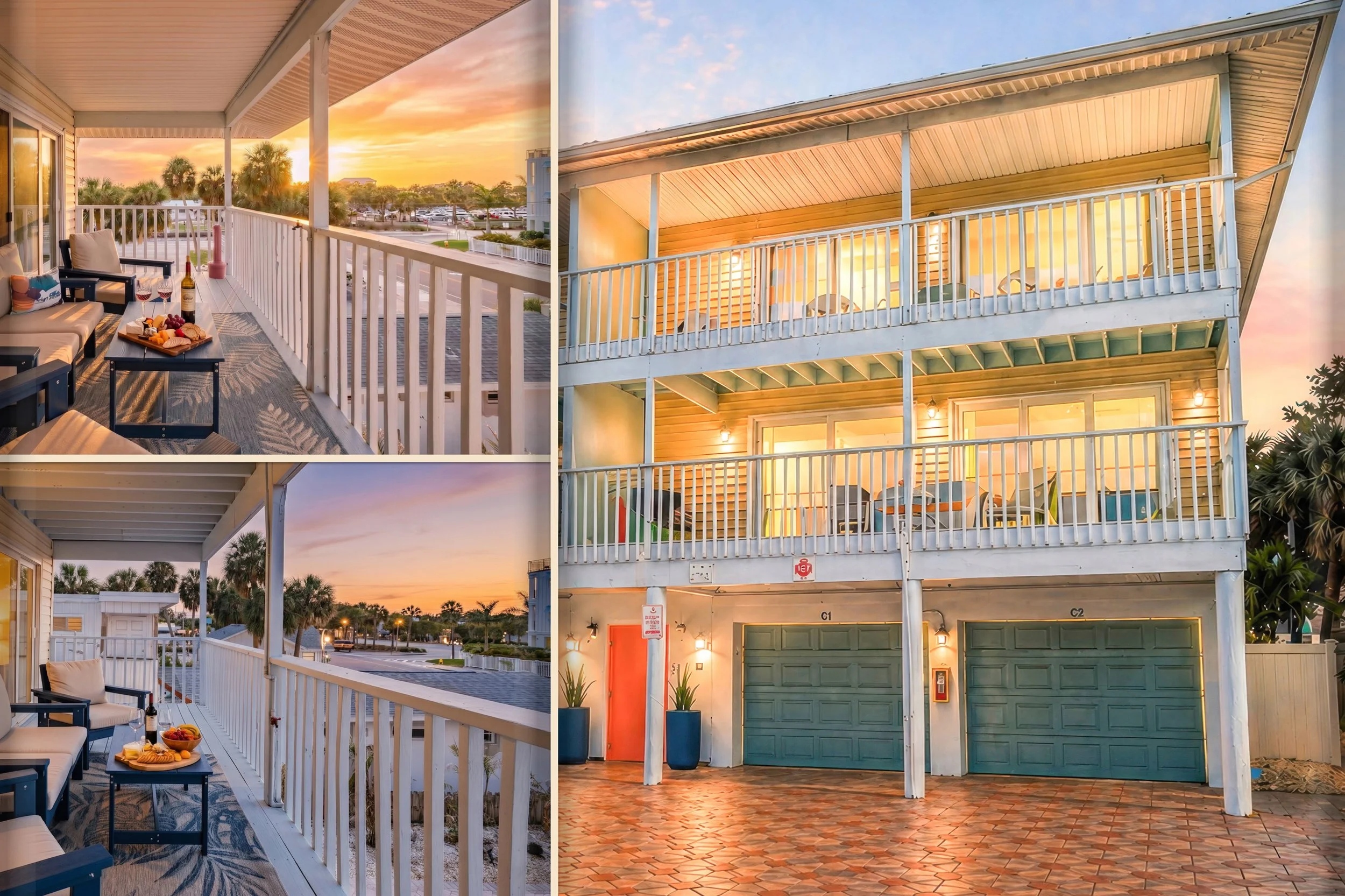 Compilation photo of Starboard Sanctuary front and decks of both condos.