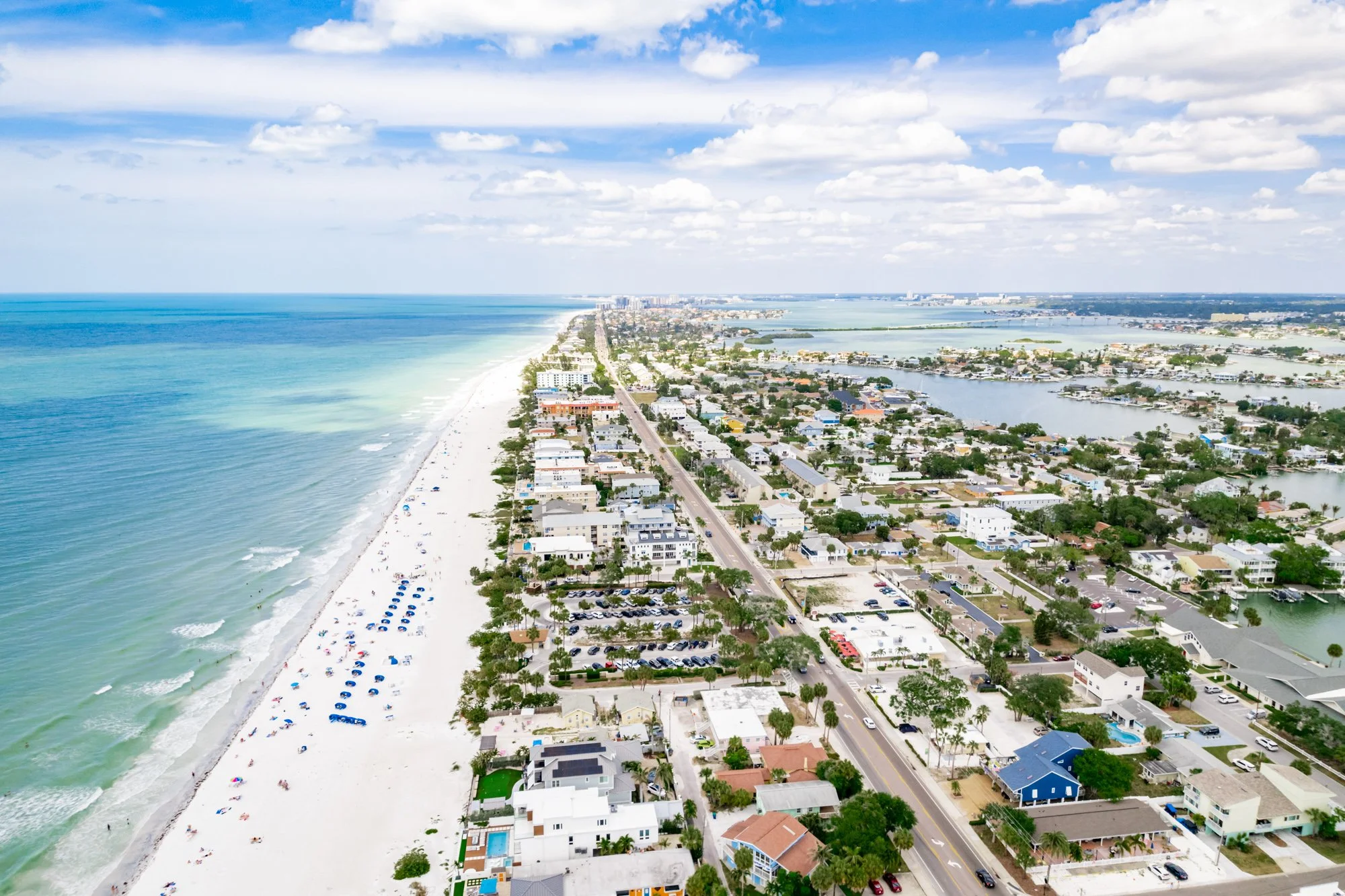 Indian Rocks Beach drone shot showing beach and Condo Del Mar.