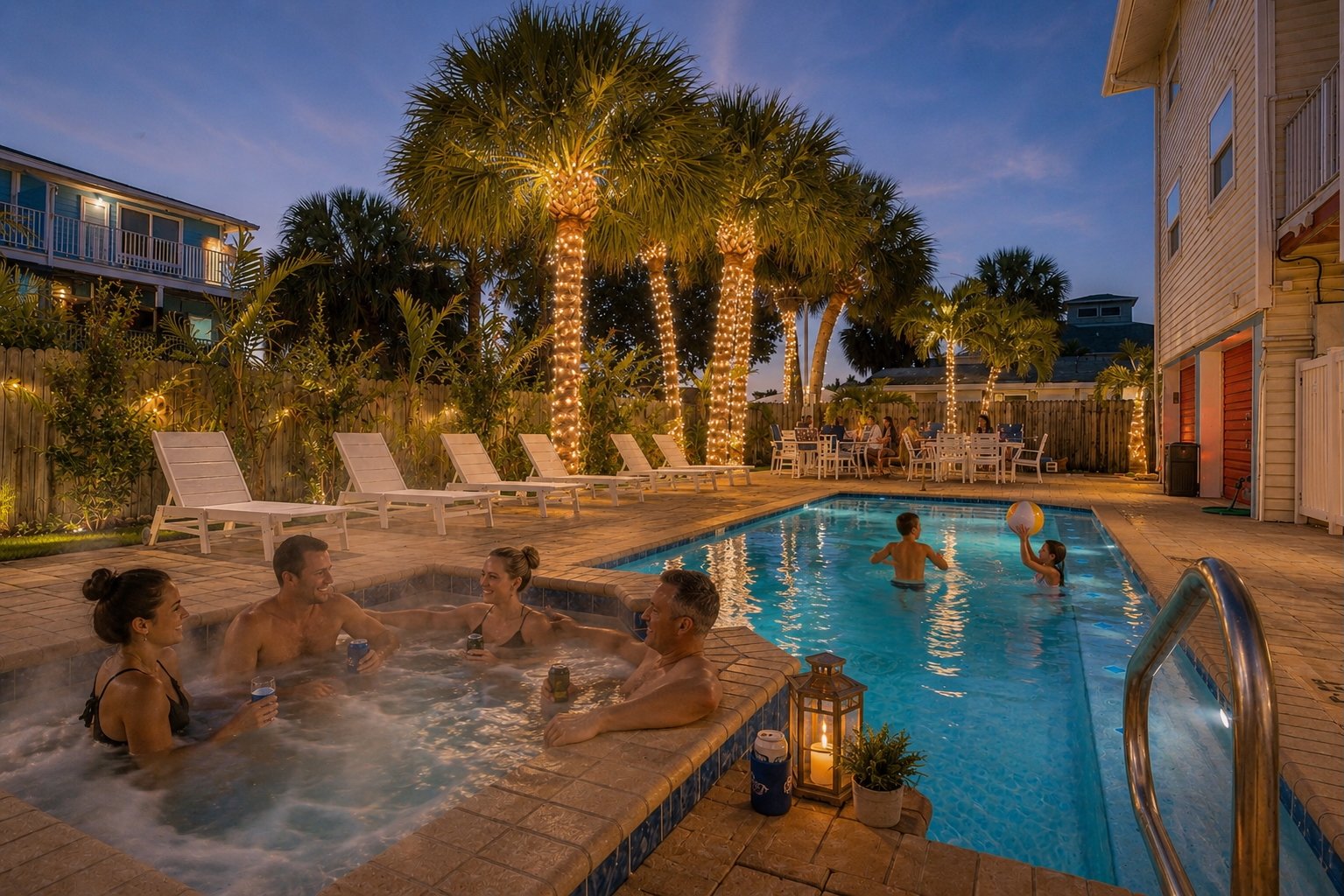 Families enjoying the heated pool and hot tub at Condo Del Mar