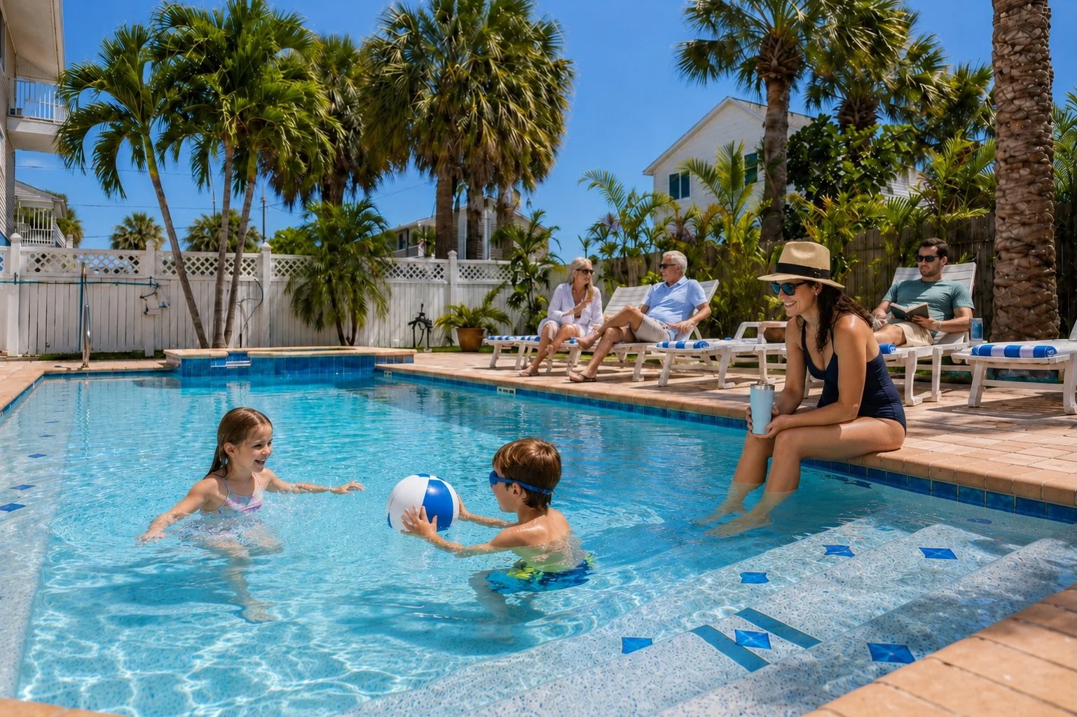Children and adults enjoying the heated pool at Condo Del Mar