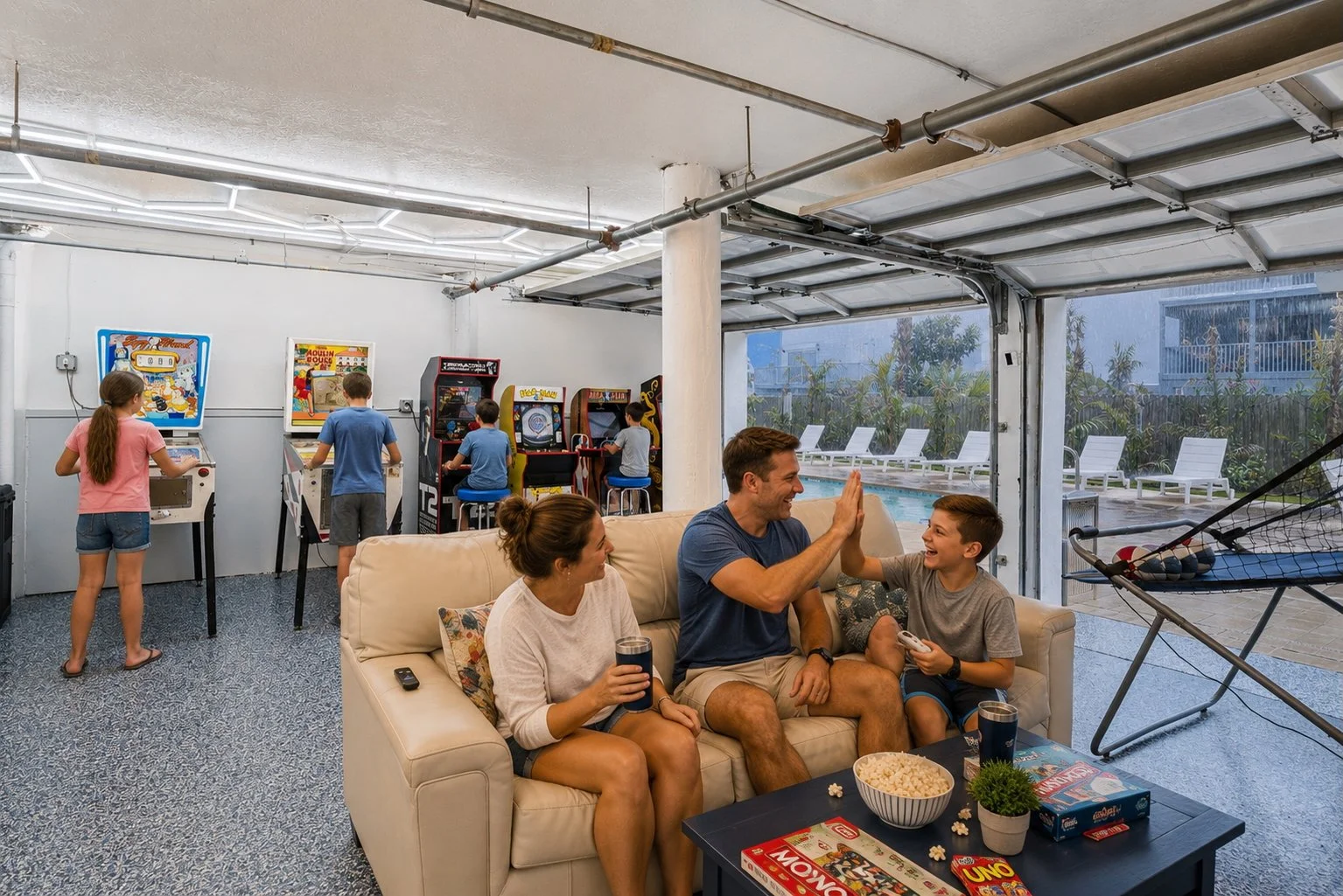 Children and adults enjoying arcade games in the Condo Del Mar game room