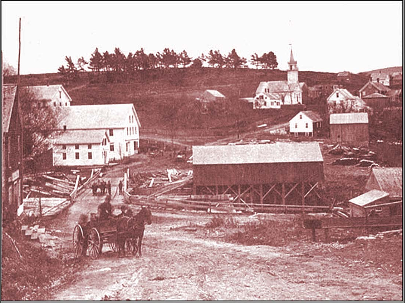 McLain’s Mills district, or "settlement" of Appleton, c. 1850. The current Appleton Library now stands behind where the sawmill shed was, atop the east bank of the St. George River. Pine trees on ridge were just below Pine Grove Cemetery. The spire o