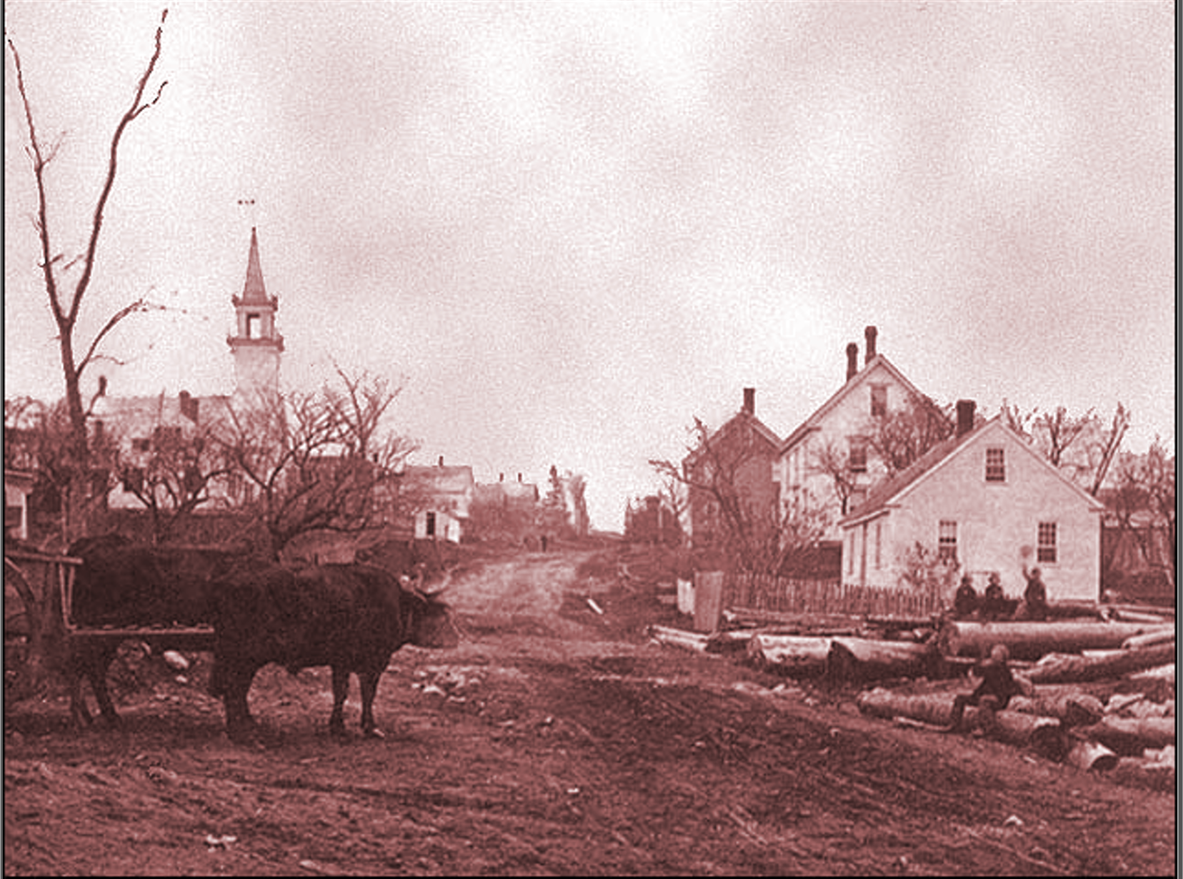 Team of oxen across from the sawmill at the foot of Sennebec Road. Appleton Meeting House visible up the hill. Current library is behind and below logs on right.