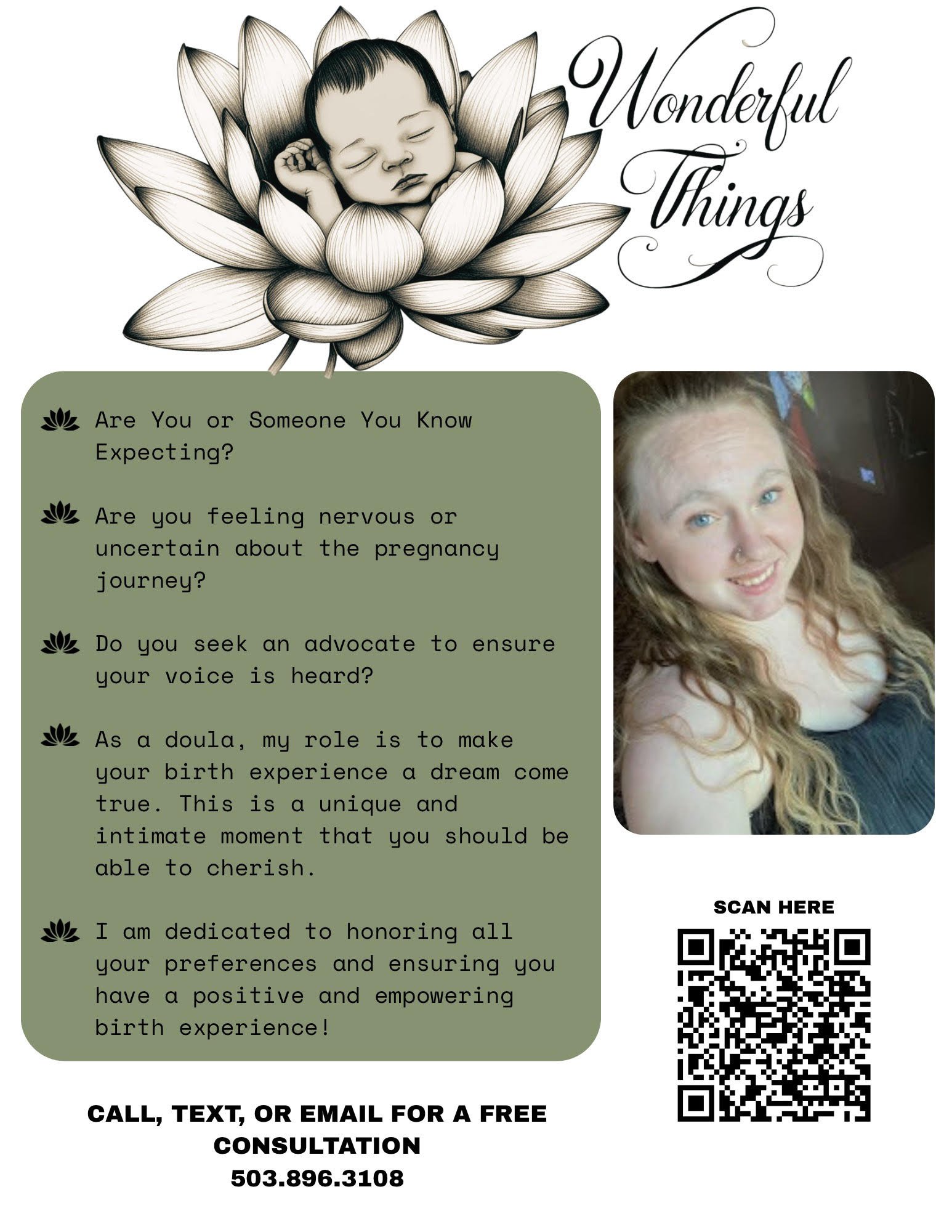 A flyer featuring a black and white illustration of a sleeping baby inside a lotus flower, with the text 'Wonderful Things' in elegant script. It includes a photo of a woman with red hair, a QR code, and contact information for a birth doula service.