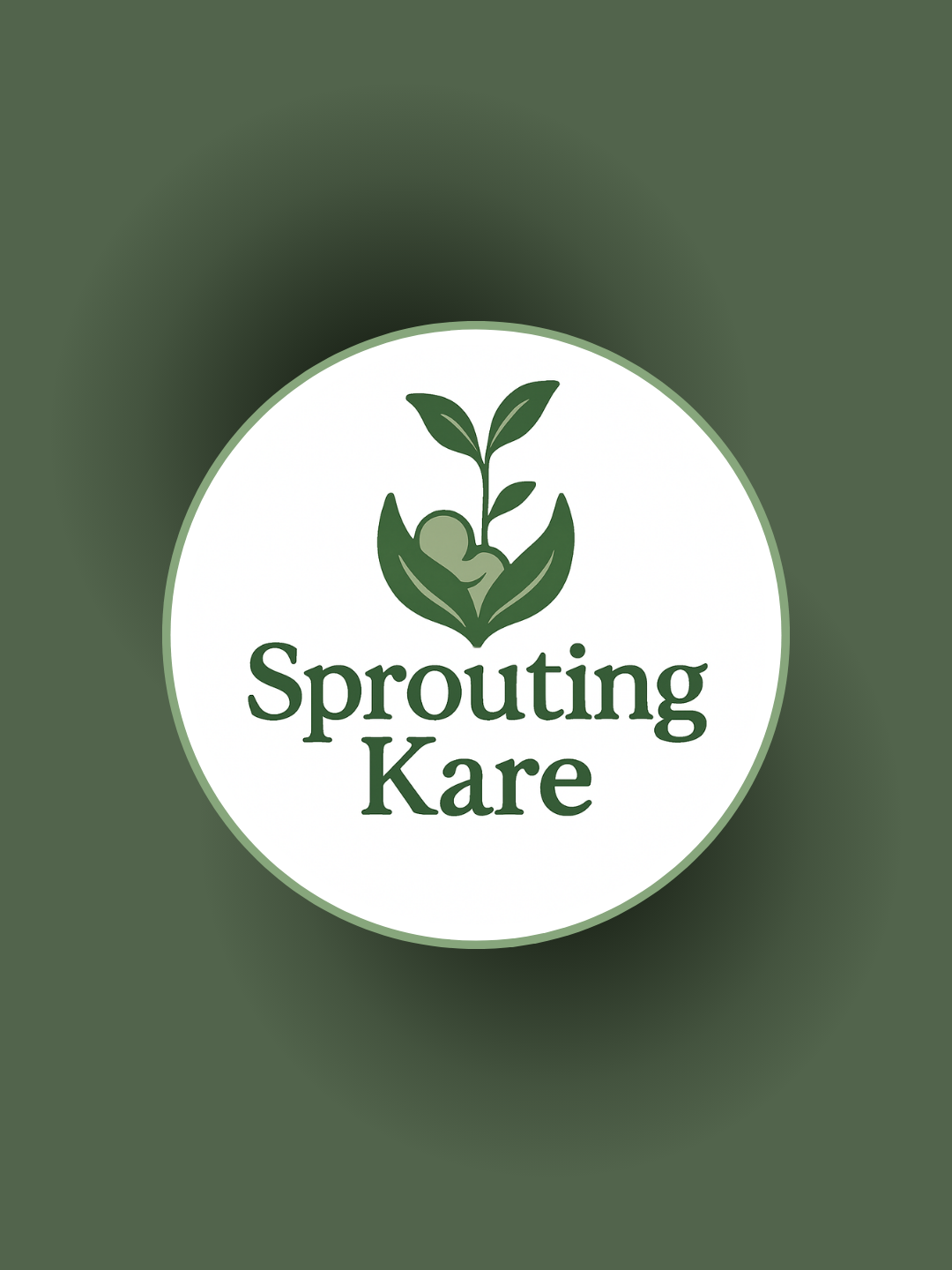 Logo for Sprouting Kare featuring a hand holding a young plant with two leaves above the text "Sprouting Kare" on a white circular background, all set against a dark green backdrop.