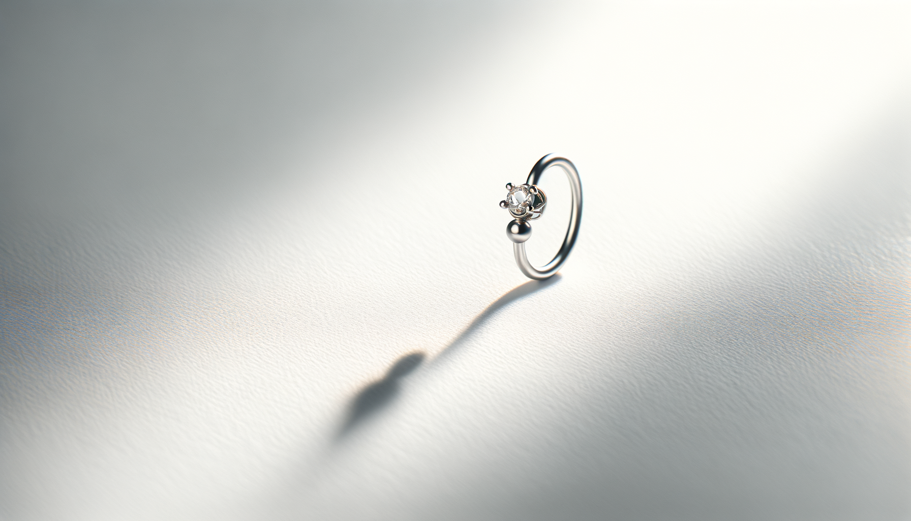 A silver ring with a small diamond positioned at the top, casting a shadow on a light, textured surface.