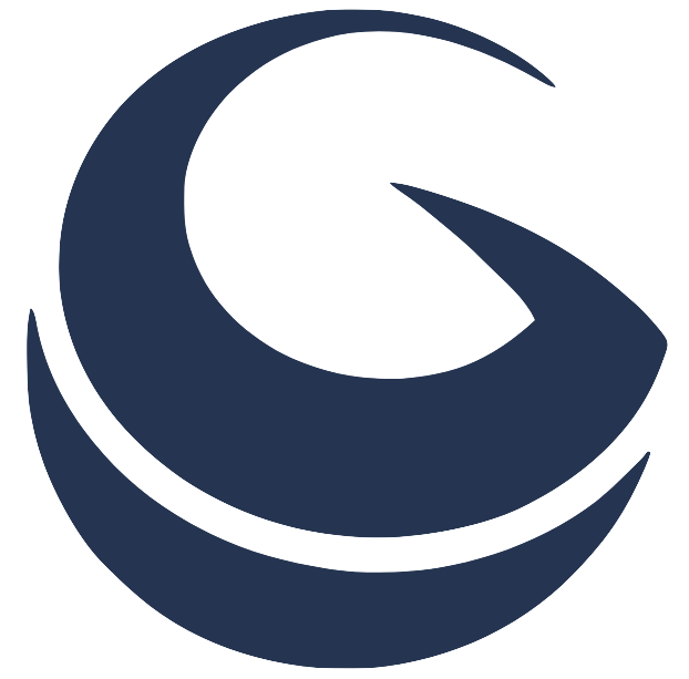 A stylized, dark blue letter G with a crescent shape and geometric design elements.