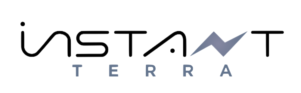 Logo for Instant Terra with stylized text and an abstract mountain peak design.