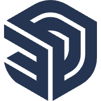A black and blue geometric logo with abstract shapes.