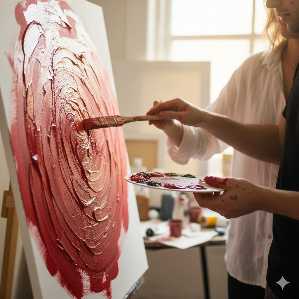 Two people painting side by side on a large canvas, sharing a creative moment through color, movement, and collaboration.