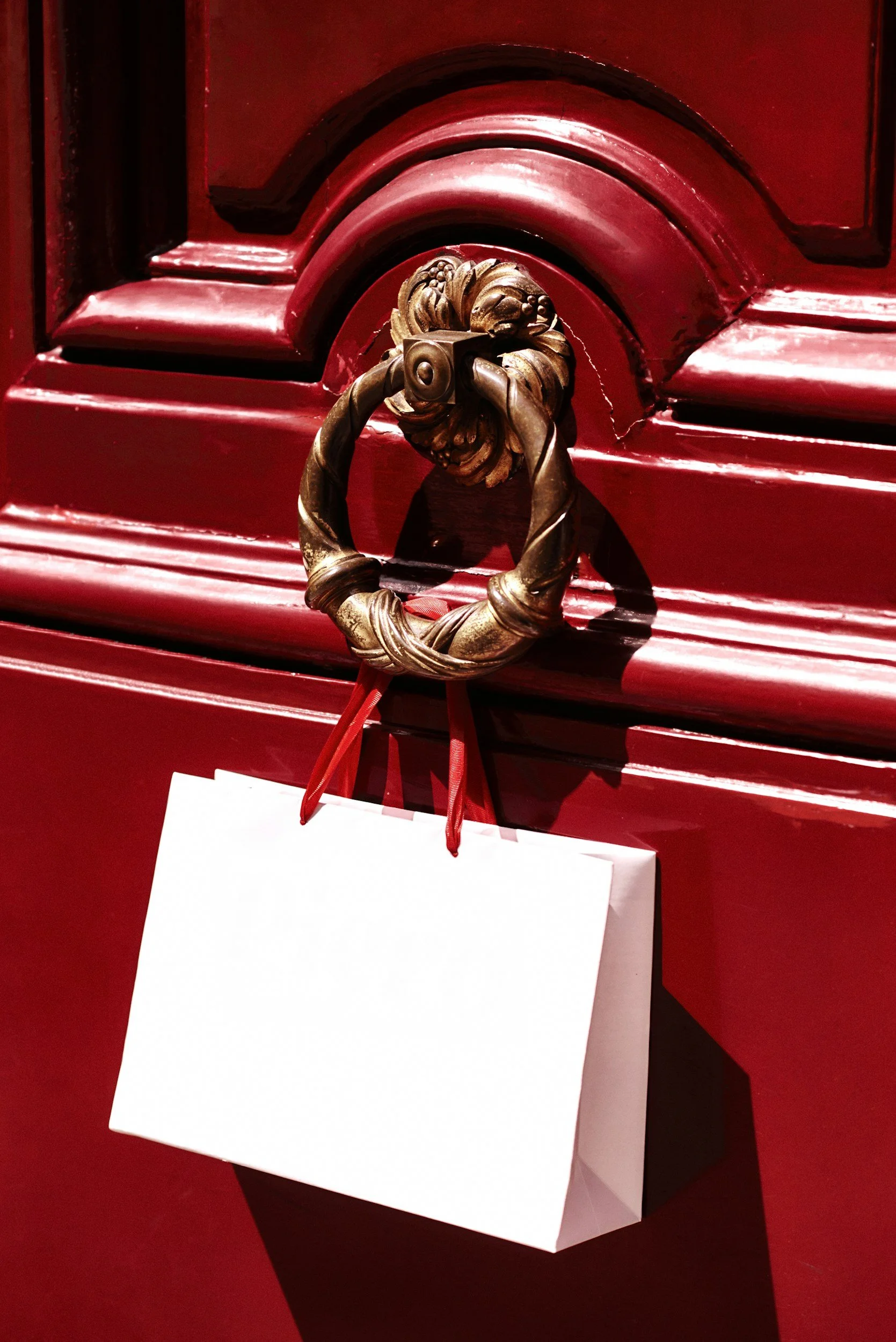 A red door adorned with a brass lion head knocker, holding a white paper bag, evoking mystery, anticipation, and a sense of arrival.