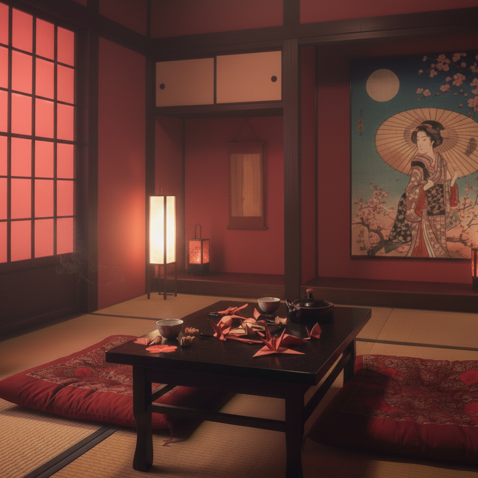 A traditional Japanese room with tatami mats, shoji doors, and soft lighting, creating a serene and immersive atmosphere inspired by Japanese culture.