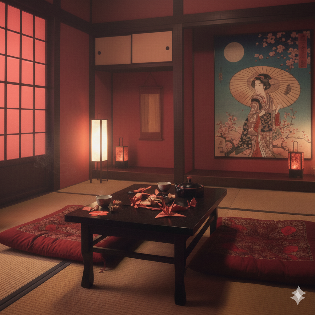 A traditional Japanese tea room with tatami mats, and warm lighting, creating a serene and immersive atmosphere inspired by Japanese culture. The room features a large wall painting of a woman with an umbrella, cherry blossom.