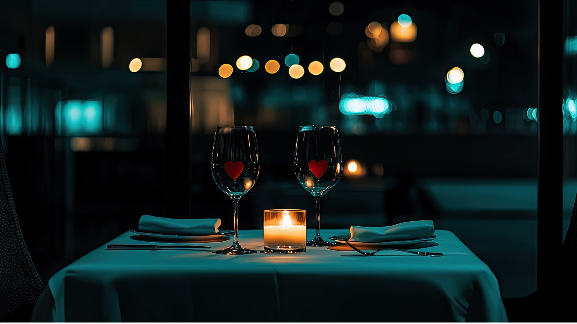 A romantic dinner setup with two wine glasses having small red hearts on them, a lit candle in the middle, and neatly folded napkins with cutlery on a table, at night with blurred city lights in the background.